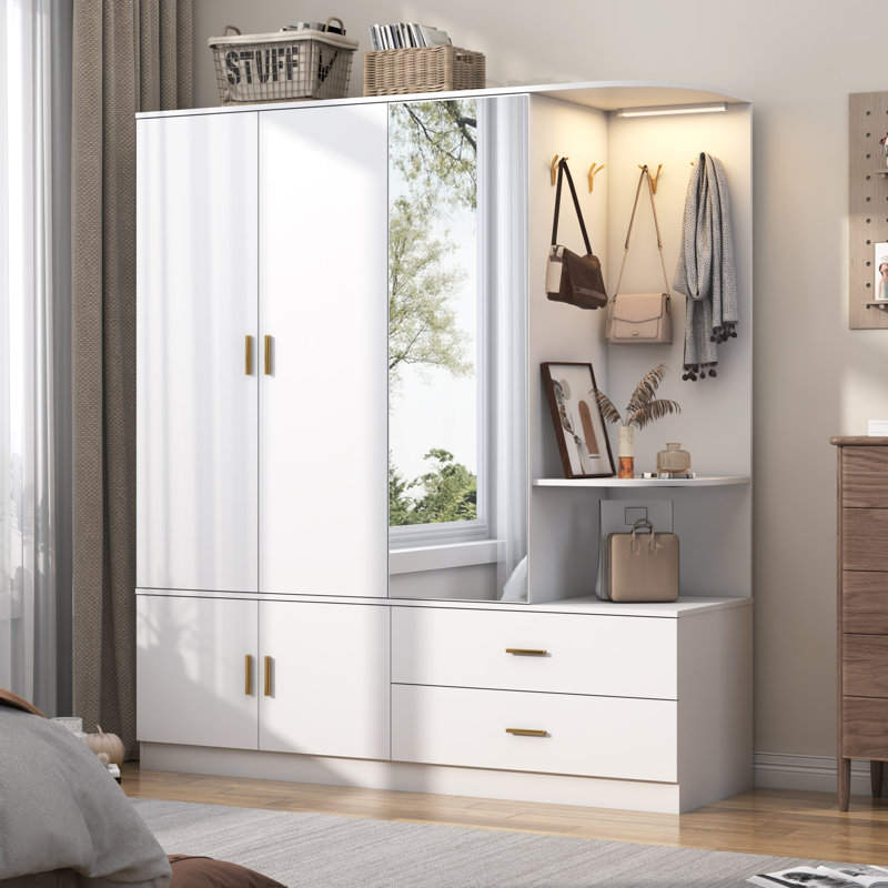 Modern Armoire Wardrobe Closet with Mirror and Sensor Light Large Wardrobe Closet with Open Shelves 4 Hooks 2 Hanging Rods 5 Doors 2 Drawers